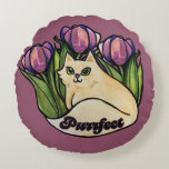 Purrfect kitty cat spring tulips gardener art      round pillow