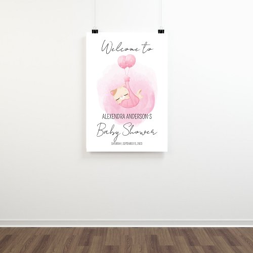 Purrfect kitty pink watercolor Baby Shower Welcome Poster
