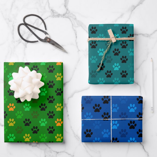 Purrfect Pet Paw Prints in Green Blue Wrapping Paper Sheets (Front)