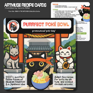 PURRFECT POKE BOWL Black cat Art Muse Recipe card
