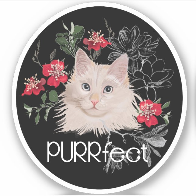 PURRfect white cat sticker or your cats name (Front)