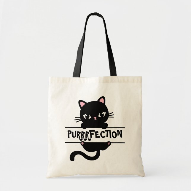 [Purrfection] Cute Kitten Climbing A Sign Tote Bag (Front)