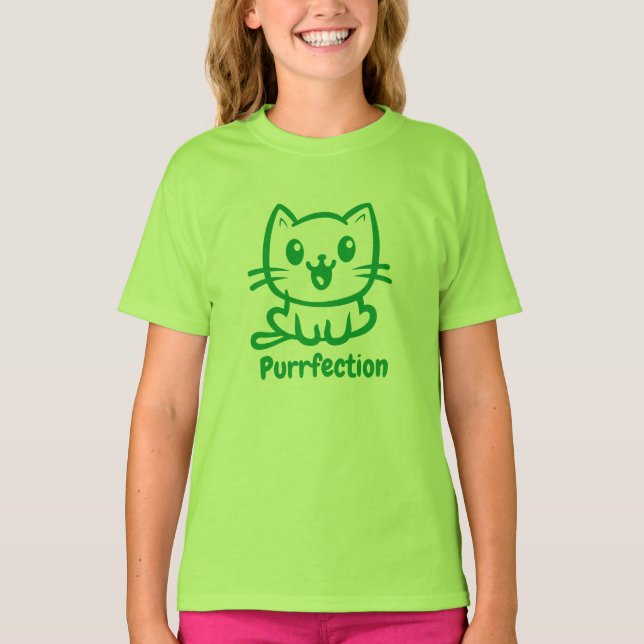 Purrfection, Very Cute Anime Cat T-Shirt (Front)