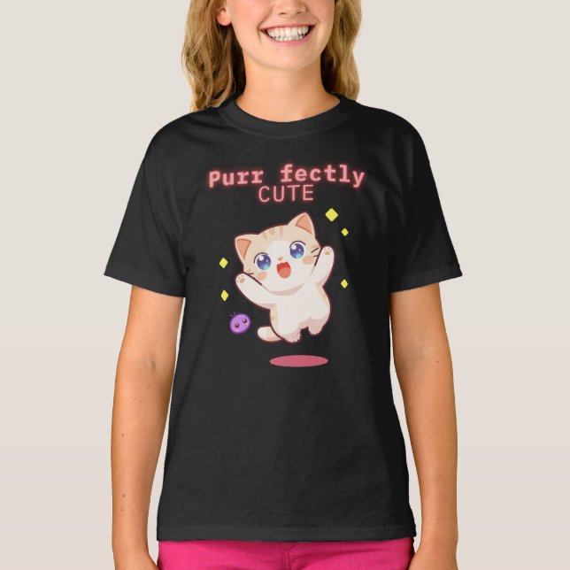 Purrfectly Cute Jumping Cat Kids Tee (Front)