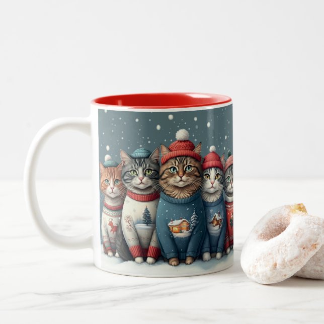 Purrfectly Festive Holiday Cats Two-Tone Mug (With Donut)