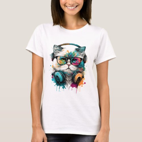 Purrfectly Hip Cat Glasses  Headphones Design T_Shirt