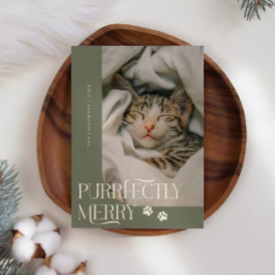 Purrfectly Merry Cat Photo Sage Green Christmas Holiday Card