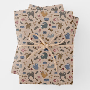 Purrfectly Playful Cats on Brown Background Wrapping Paper Sheets