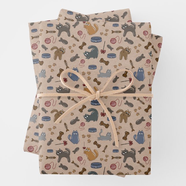 Purrfectly Playful Cats on Brown Background Wrapping Paper Sheets (In situ)