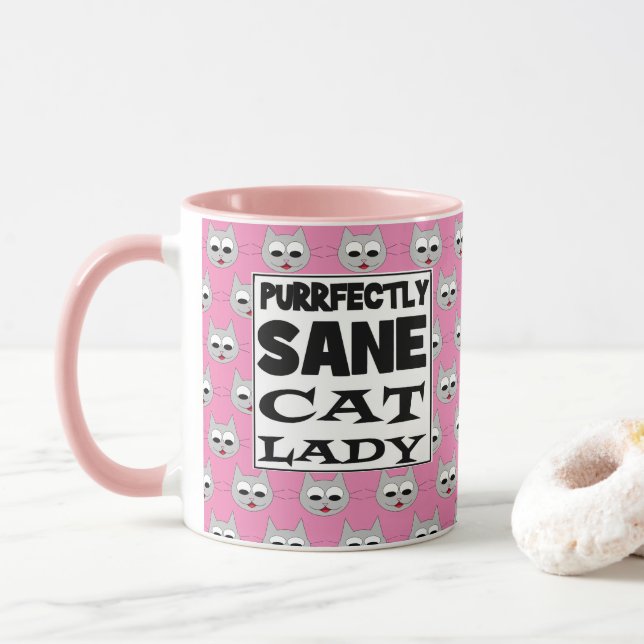 PURRFECTLY SANE CAT LADY Humorous Pink Mug (With Donut)