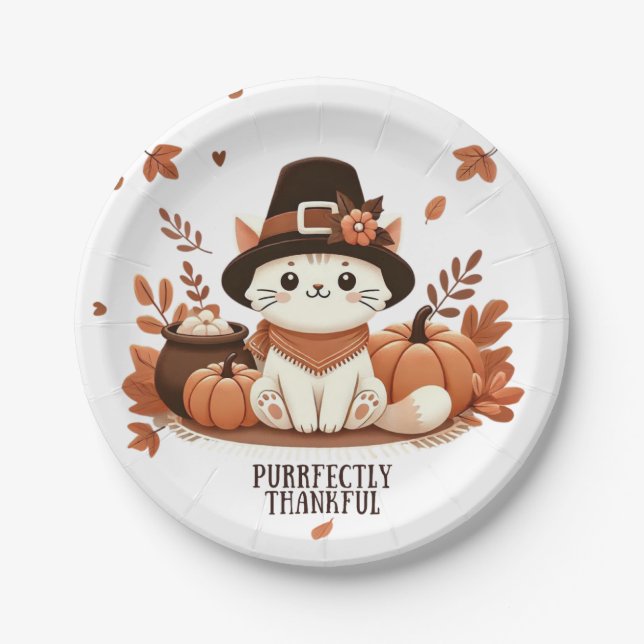 Purrfectly Thankful cat Paper Plates (Front)
