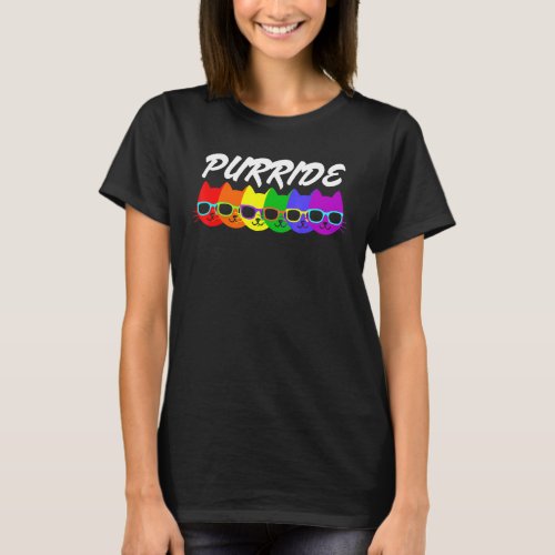 Purride Gay Pride Rainbow Flag Cat Wearing Sunglas T_Shirt