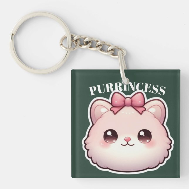 Purrincess Cute Pink Kitty Bow Design Keychain (Front)