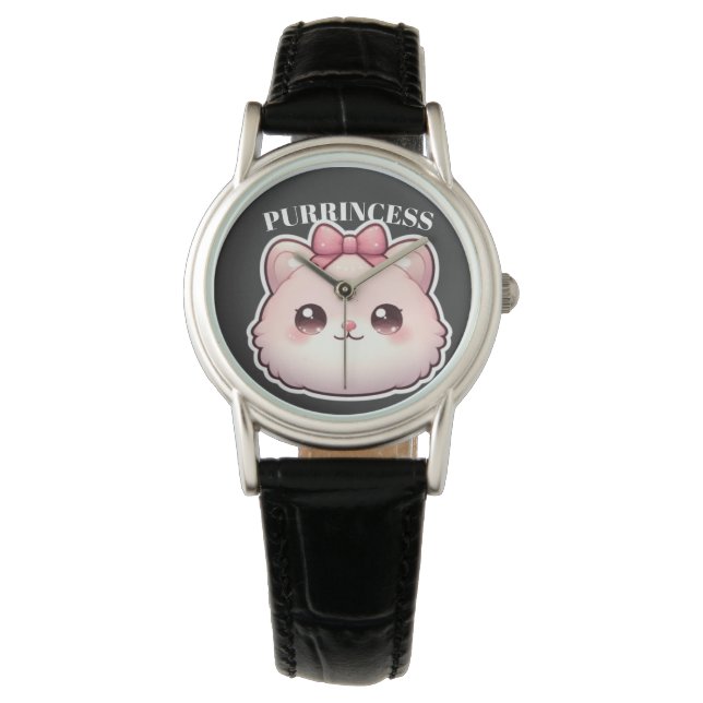 Purrincess Cute Pink Kitty Bow Design Watch (Front)