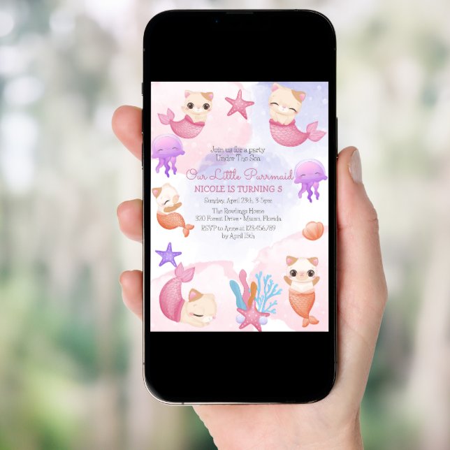 Purrmaid cat mermaid cute girl birthday invitation (Front Digital)