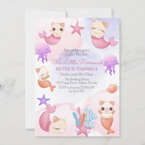 Purrmaid cat mermaid cute girl birthday invitation