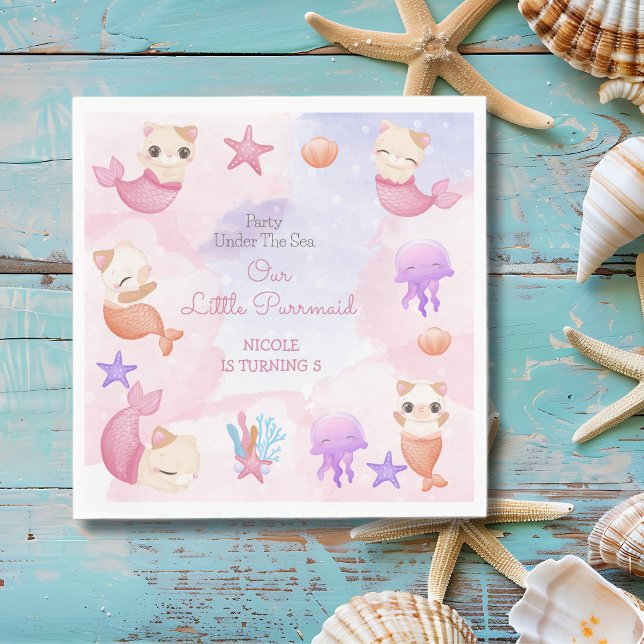 Purrmaid cat mermaid cute girl birthday  napkins (Creator Uploaded)