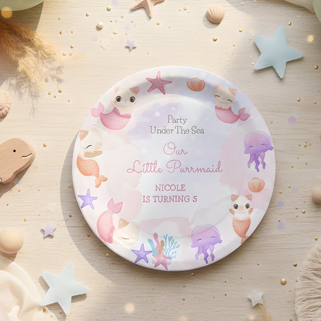 Purrmaid cat mermaid cute girl birthday paper plates (Creator Uploaded)