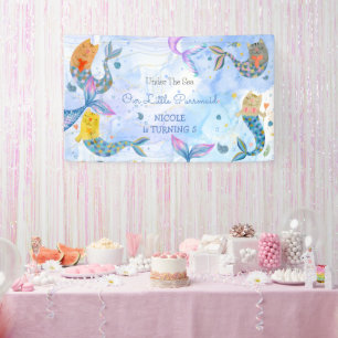 Purrmaid cat mermaid watercolor girl birthday banner