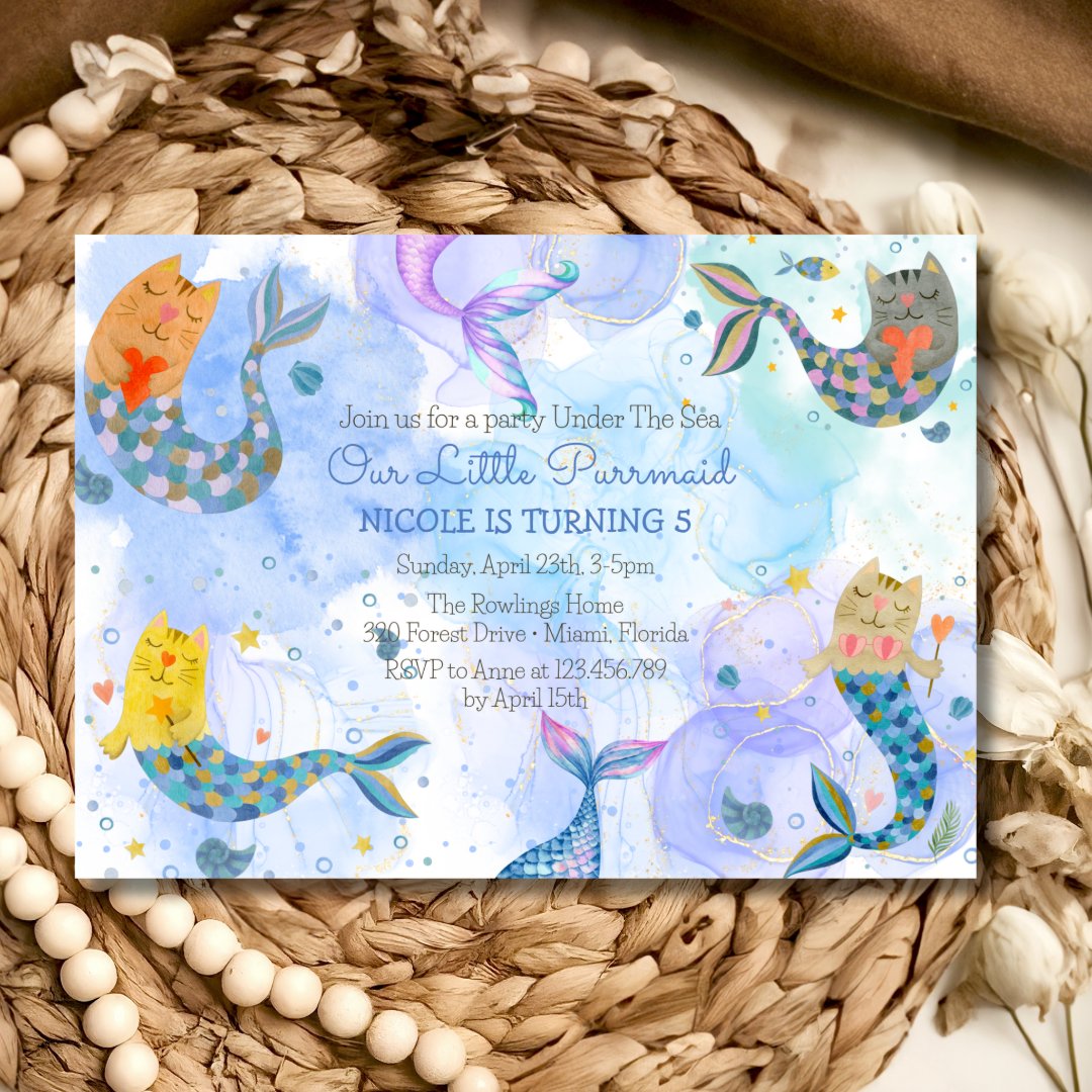 Purrmaid cat mermaid watercolor girl birthday invitation (Creator Uploaded)