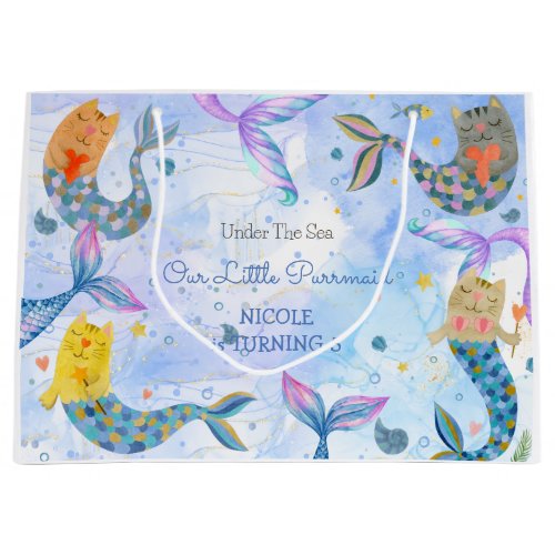 Purrmaid cat mermaid watercolor girl birthday large gift bag