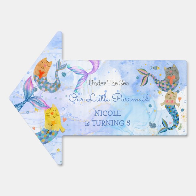 Purrmaid cat mermaid watercolor girl birthday sign (Front)