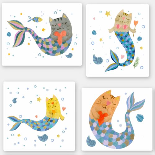 Purrmaid cat mermaid watercolor girl sticker pack