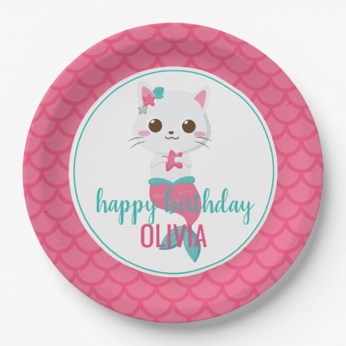 Purrmaid Mermaid Kitty Pink birthday Paper Plates