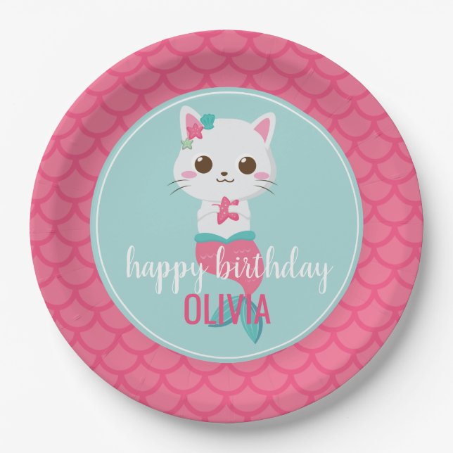 Purrmaid Mermaid Kitty Pink Scales birthday Paper Plates (Front)