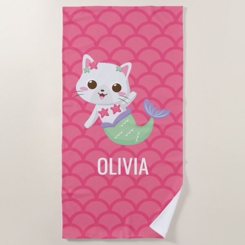 Purrmaid mermaid kitty pink scales personalized beach towel