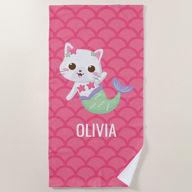 Purrmaid mermaid kitty pink scales personalized beach towel (Front)