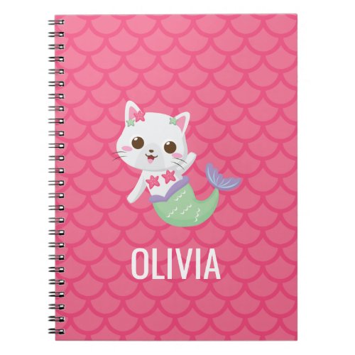 Purrmaid mermaid kitty pink scales personalized notebook