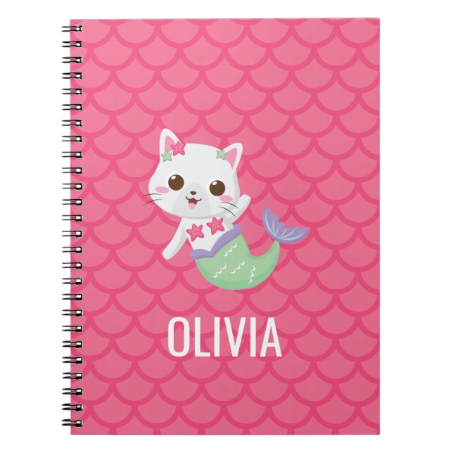 Purrmaid mermaid kitty pink scales personalized notebook (Front)