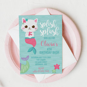 Purrmaid Mermaid Kitty Pool Party Birthday Party Invitation