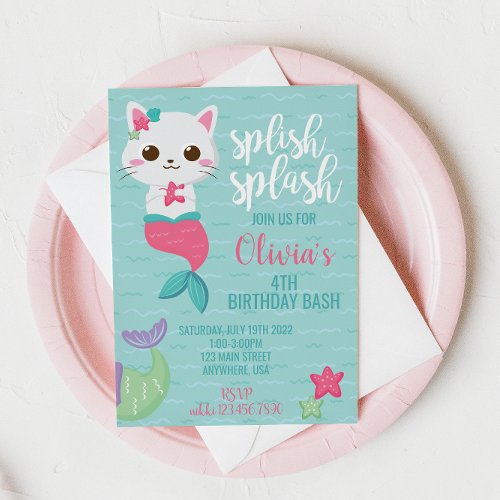 Purrmaid Mermaid Kitty Pool Party Birthday Party Invitation