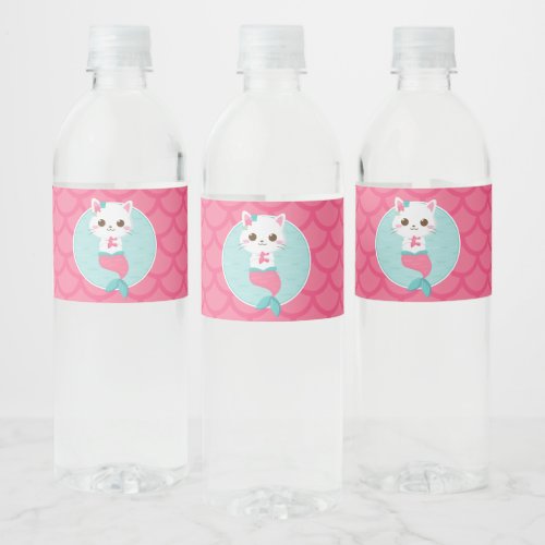 Purrmaids Pink Mermaid Kitty Birthday Water Bottle Label