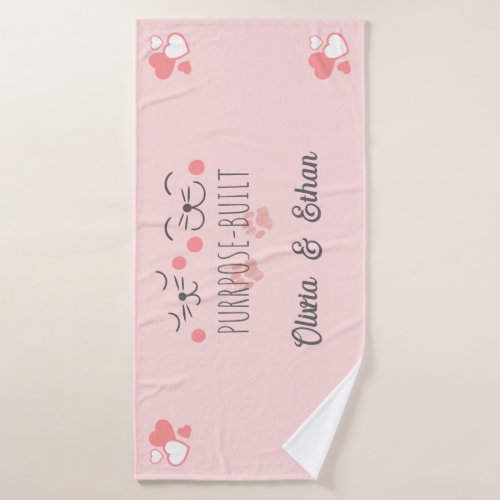 Purrpose built intertwined cats custom names pink bath towel