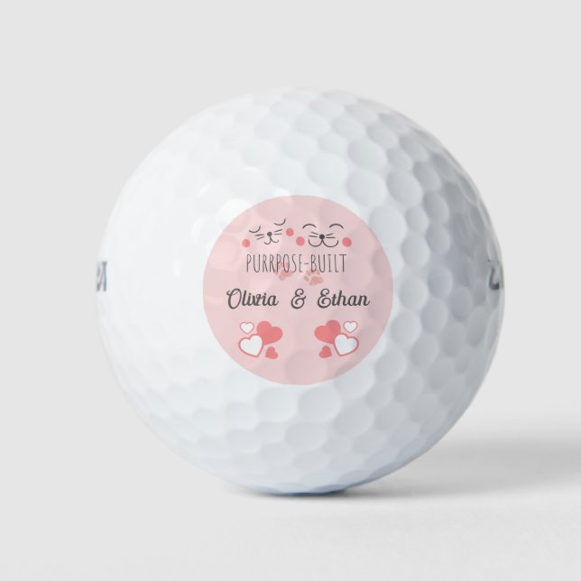 Purrpose built intertwined cats custom names pink golf balls (Front)