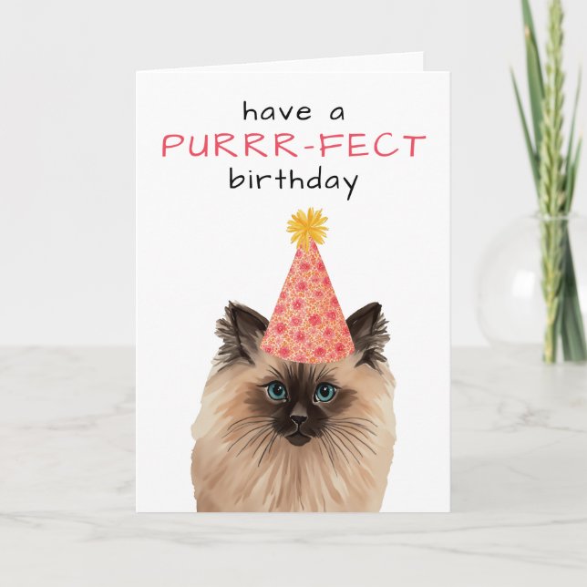 Purrrfect Birthday Cat watercolor Birthday Card (Front)