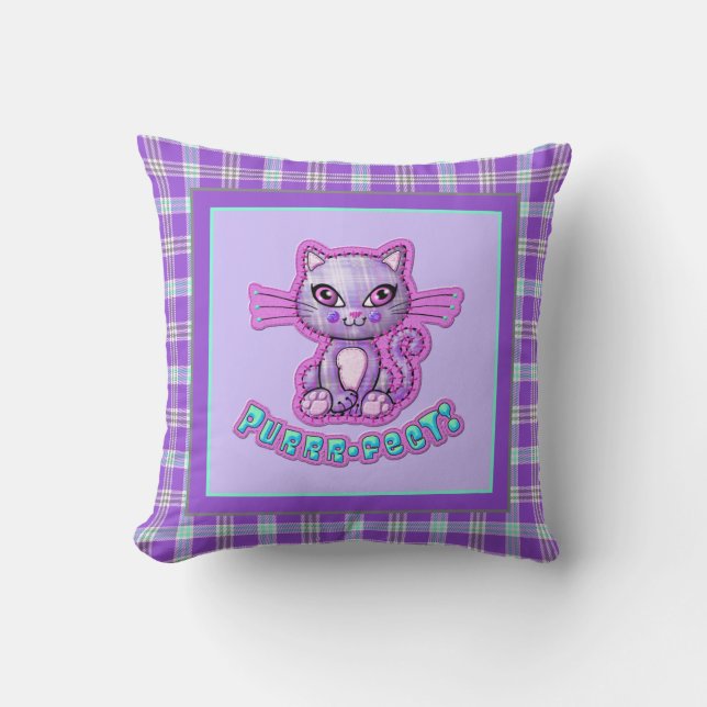 Purrrfect Plaid Kitten Cartoon Reversible Throw Pillow (Front)