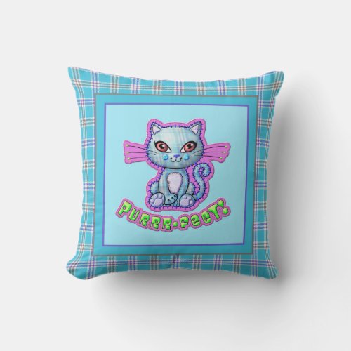 Purrrfect Plaid Kitten Cartoon Reversible Throw Pillow