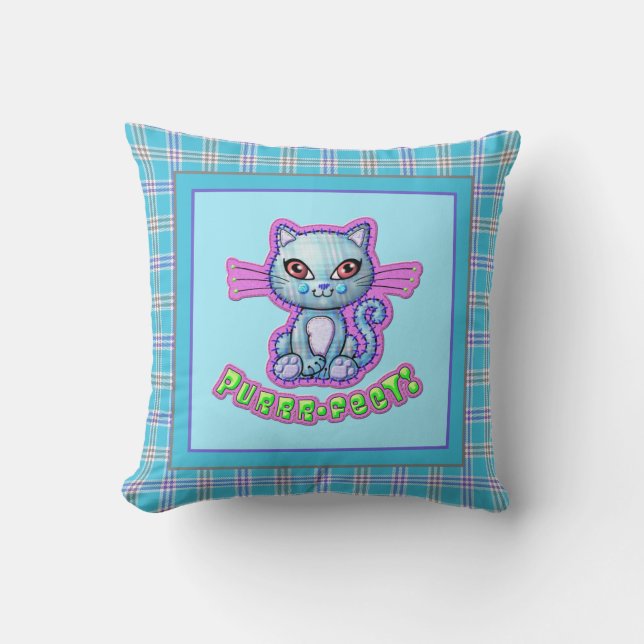Purrrfect Plaid Kitten Cartoon Reversible Throw Pillow (Front)