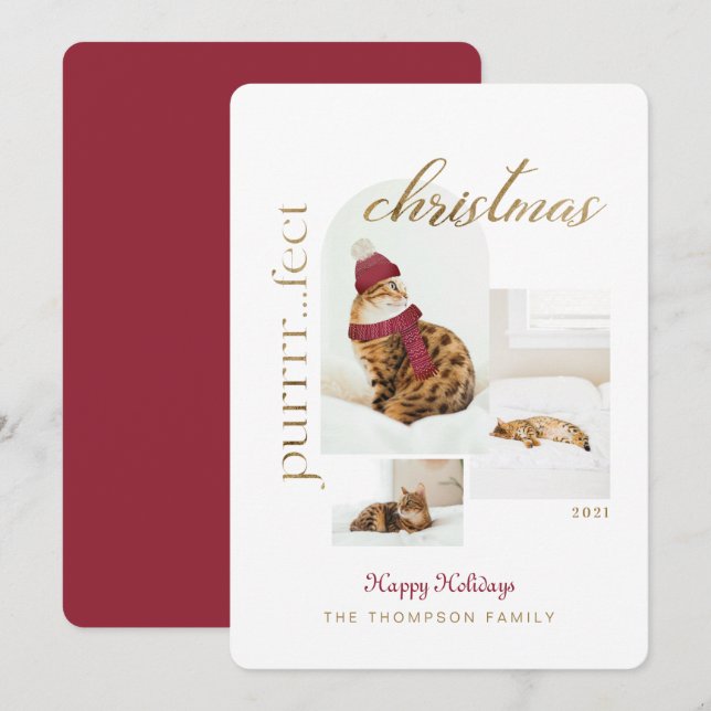 Purrrr..fect Christmas Fun & Cozy Cat Three Photo Holiday Card (Front/Back)