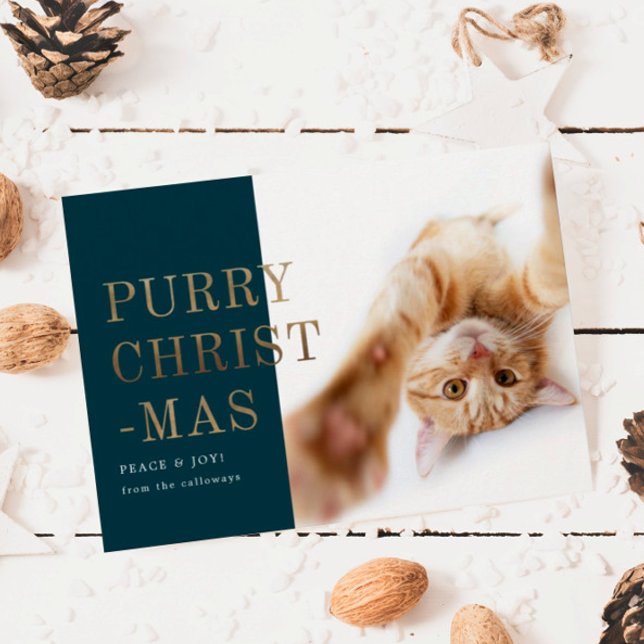 Purry Christmas Cat Photo Deep Green Gold Holiday Card (Creator Uploaded)