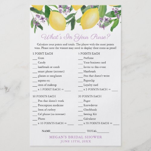 Purse Scavenger Game Card For Lemons Bridal Shower Flyer