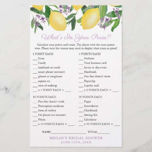 Purse Scavenger Game Card For Lemons Bridal Shower Flyer