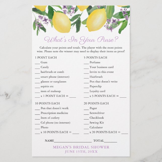Purse Scavenger Game Card For Lemons Bridal Shower Flyer (Front)