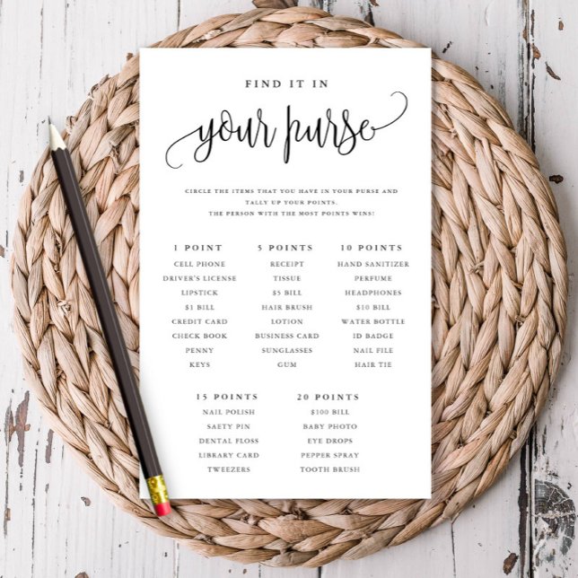 Purse Scavenger Hunt Bridal Shower Game Paper Card (Creator Uploaded)