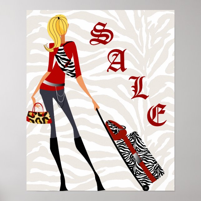 Purse Suitcase SALE Poster Zebra Leopard Red Tan (Front)