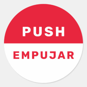 Push English Spanish Red White Safety Instruction  Classic Round Sticker